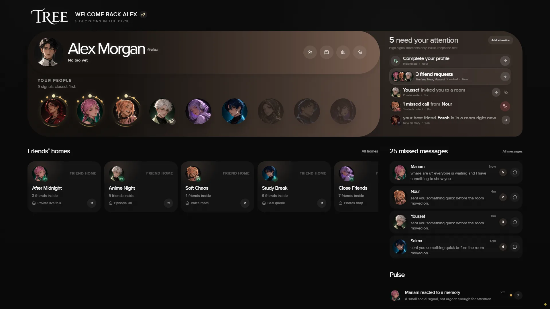 TREE Hub on Windows, showing friends, messages, and important attention cards